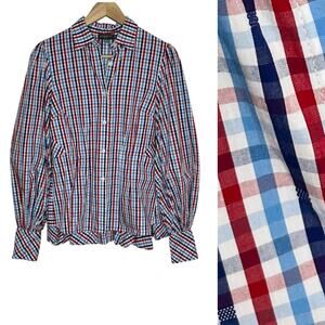 Greysn Women Long Sleeve Button Up Peplum Top Small Blue Red Plaid Cotton Preppy